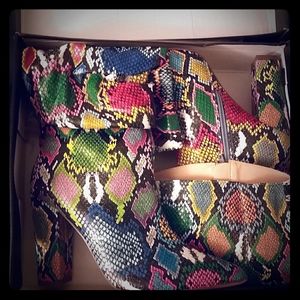 multi colored snakeskin 3 1/2 inch heeled boots